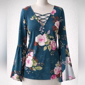 Floral Bell Sleeve Top - Teal and Pink - Size L
